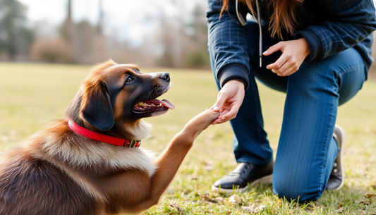 Dog trainer using clicker and treat during obedience training