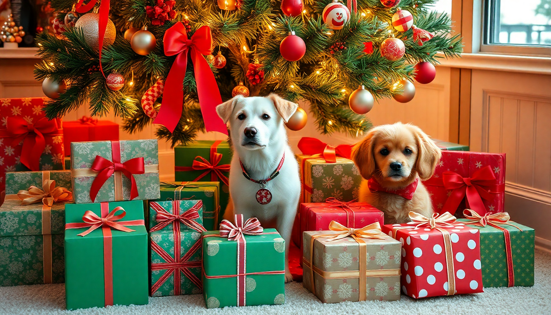 Festive pet gift display under a Christmas tree