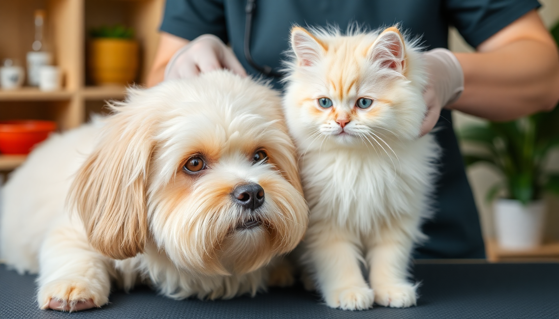 A professional grooming a dog and cat at home