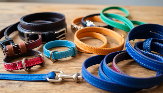 Assorted dog collars and leashes on wooden table