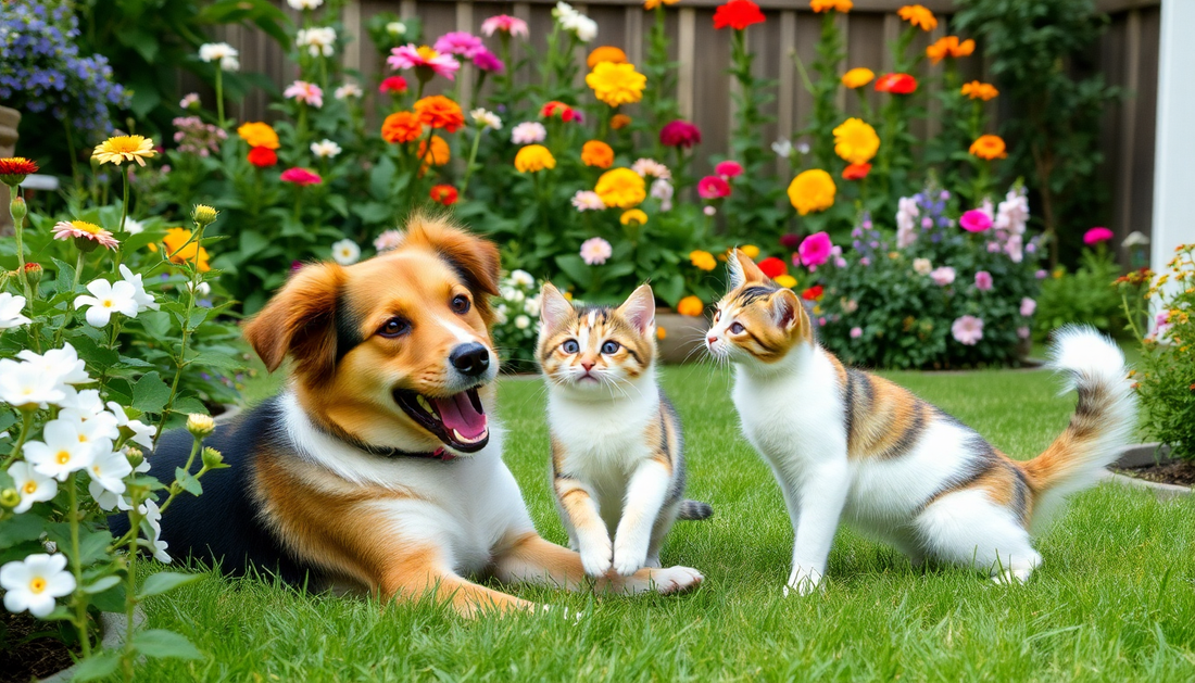 Dog and cat playing in a flower-filled backyard