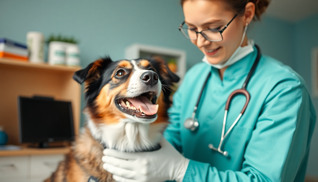 A veterinarian examining a happy dog in a bright clinic
