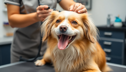A groomer brushing a happy dog on a grooming table
