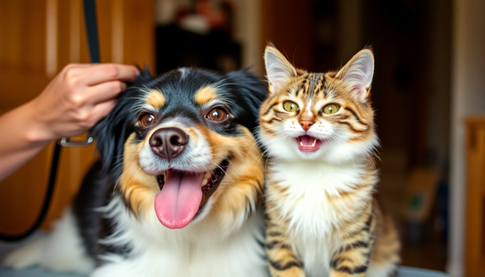 A happy dog and cat being groomed at home