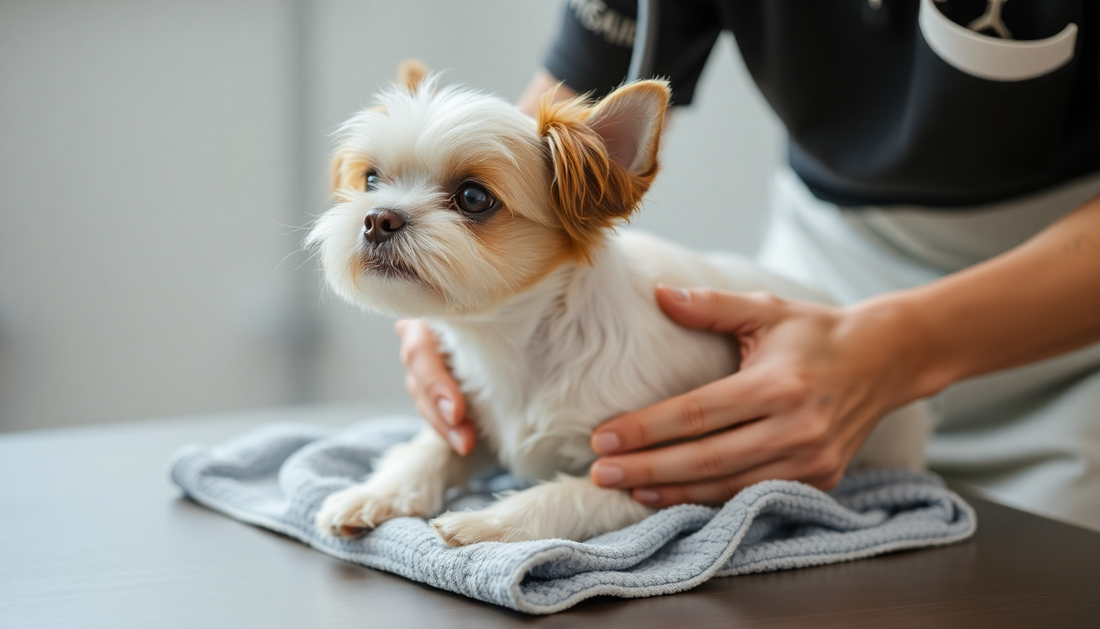 A pet owner grooming a small dog on a towel