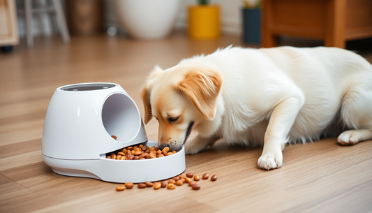 Smart pet feeder dispensing food to happy dog