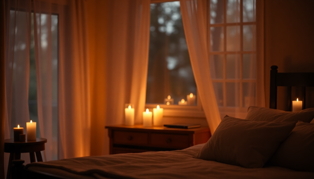 Tranquil bedroom scene with soft lighting and candles for The Ceremonial Sleep ambiance