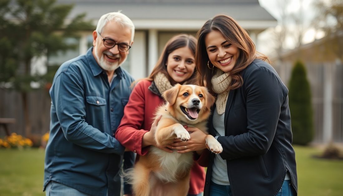 A family welcoming a new pet with joyous ceremony