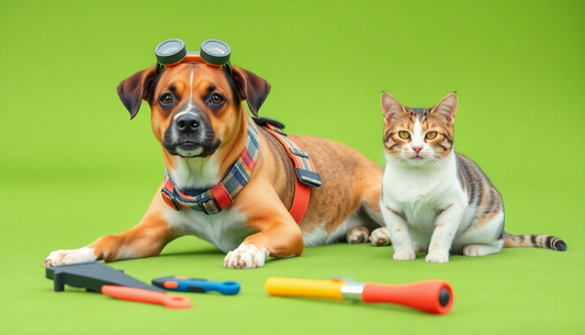 Dog and cat with safety gear and training tools