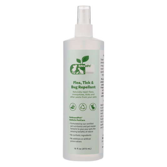 ReNewedPet Flea, Tick & Bug Repellent 16oz natural spray in a white plastic bottle with a light green label.