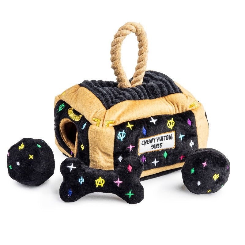 Black Monogram Chewy V Trunk Interactive Activity House Dog Toy