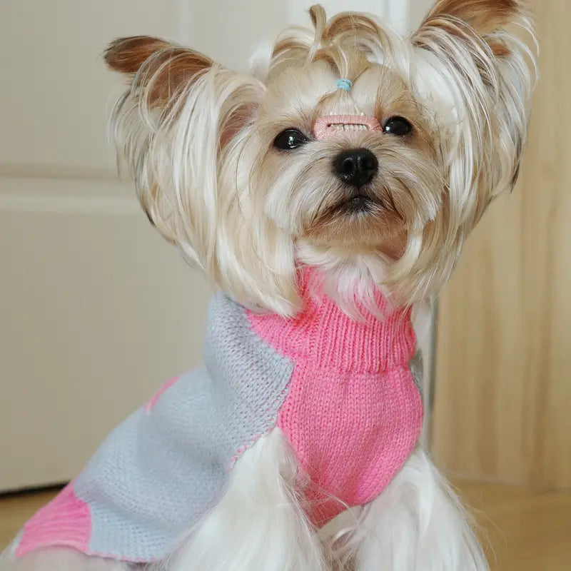 Adorable Triple Heart Patterned Pink & Grey Turtleneck Pet Sweater