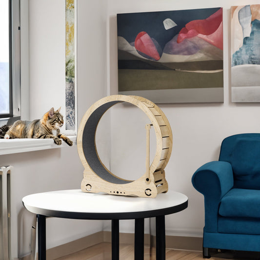 Indoor cat treadmill with carpet, tear device and latch natural wood, 39.4 inches long x 13.2 inches wide x 41.3 inches high - Purrfect Pet Kingdom