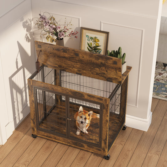 Furniture Style Dog Crate Side Table on Wheels with Double