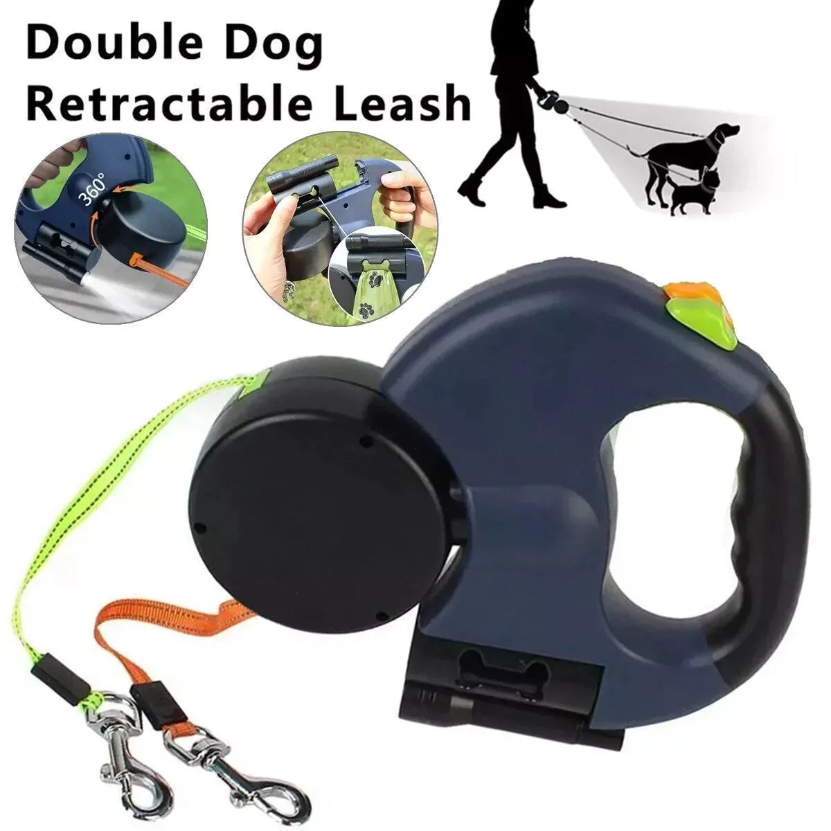 Dual Pet Leash Retractable Reflective Lead 360 Swivel Double Dog Walking Leash - Ameraeon