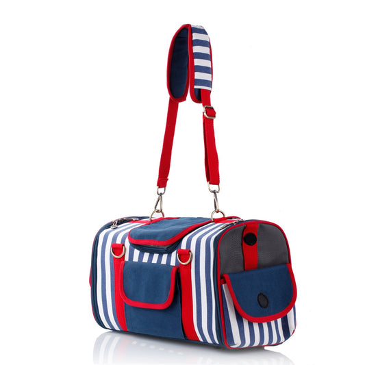 Striped Pet Carrier Bag Canvas Travel Tote with Breathable Mesh - Purrfect Pet Kingdom