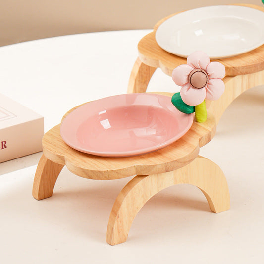 Purrfect Pet Kingdom Cat Food Bowl With Wood Holder Stand Flower Shaped Ceramic F (White) - Premium Pet Bowls & Feeders