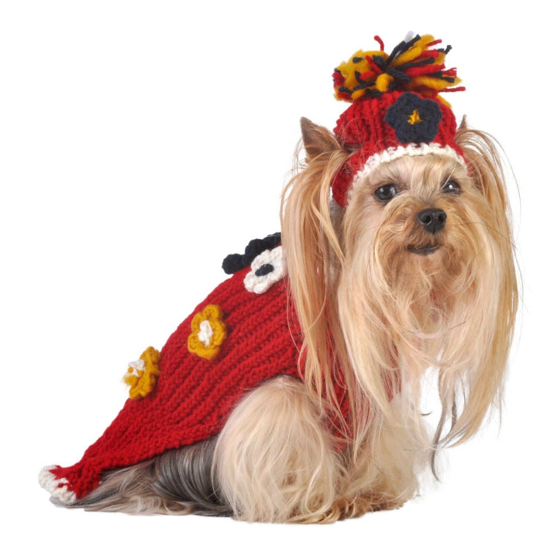 Flower Pet Sweater w/ Hat - Red