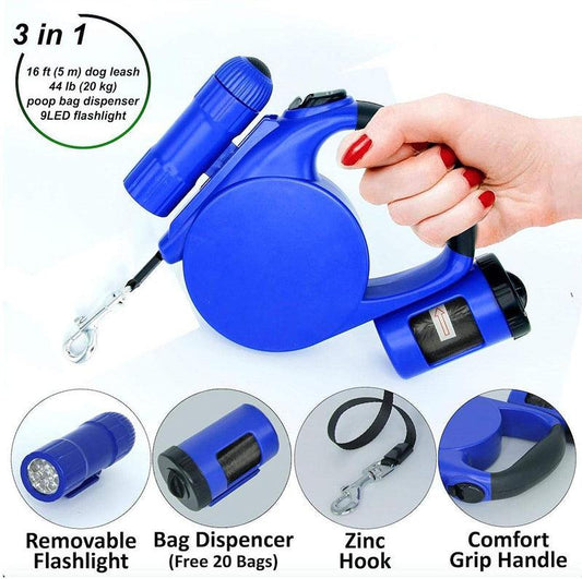 Nightwalk 4.5M Led Light And Waste Bag Dispenser Retractable Dog Leash - Dog Collars, Leashes & Harnesses - WooF WooF MeoW MeoW