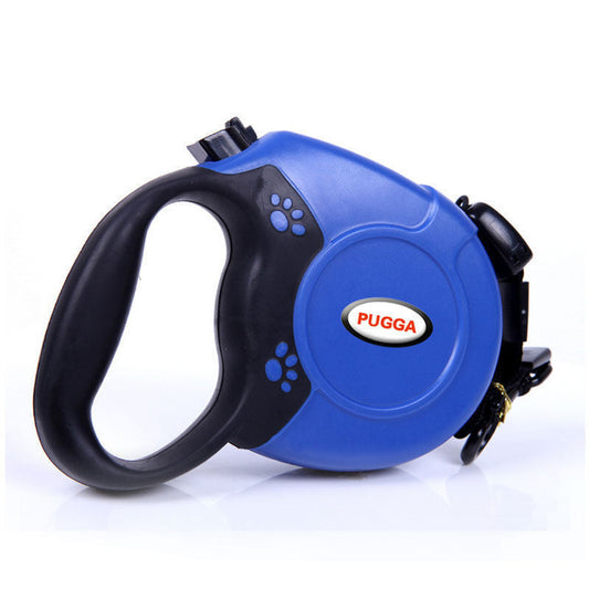 Estely blue and black retractable dog leash with ergonomic grip, paw print accents, and PUGGA logo.