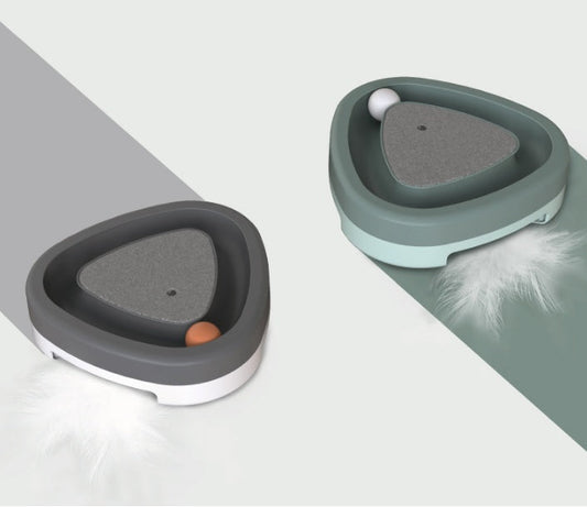 Estely grey and green smart triangle cat toys with felt scratch pads, track balls, and white feather attachments.