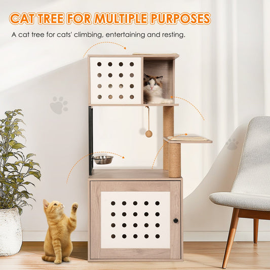 HouseOfZazla grey wood cat tree with litter box cabinet, scratching posts, condo with cat, and orange cat below.