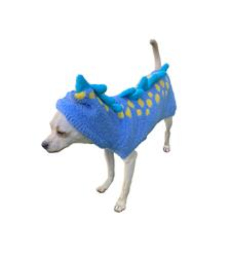 Chenille Blue Dinosaur Hoodie Dog Sweater