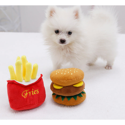 Cute Cat Plush Sound Toy - Adorable Cat Toy with French Fries and Hamburger for Small and Medium Dogs and Teddy Bears