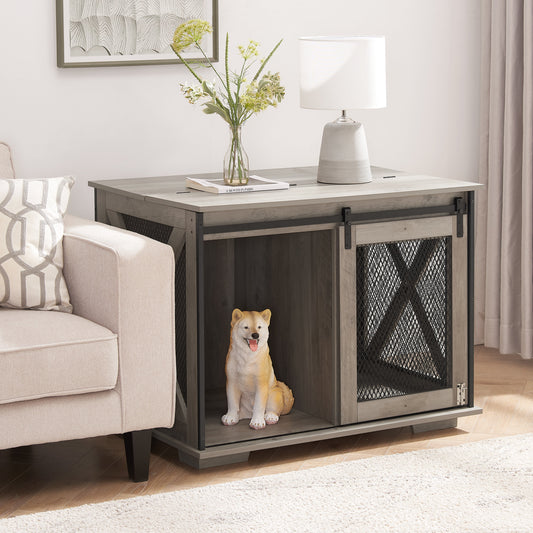 Farmhouse Dog Cage Crate Furniture with Sliding Barn Door,