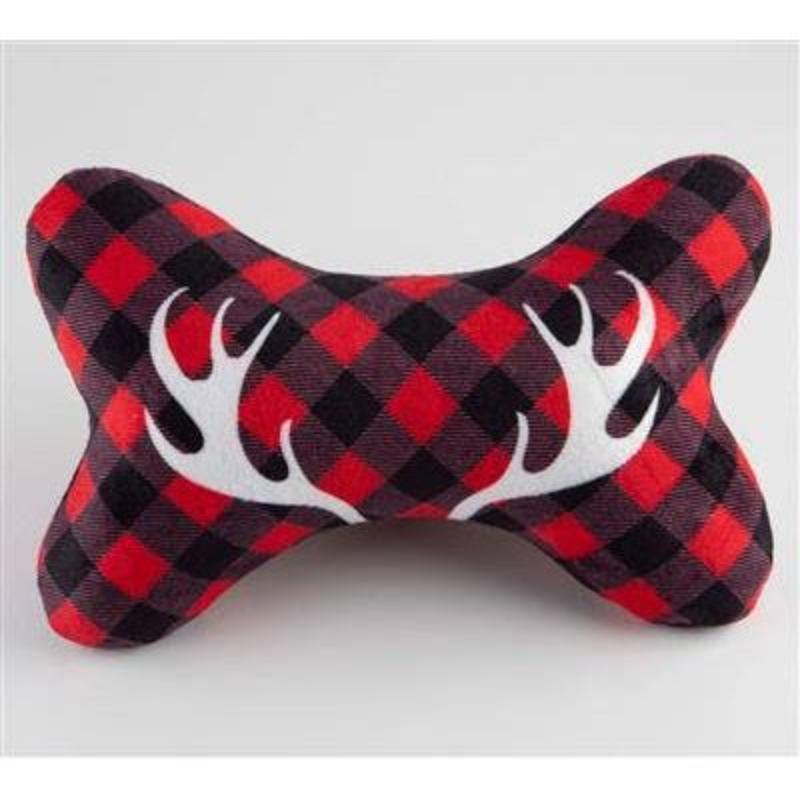 Red Buffalo Check with Antlers Plush Squeaker Holiday Bone Dog Toy