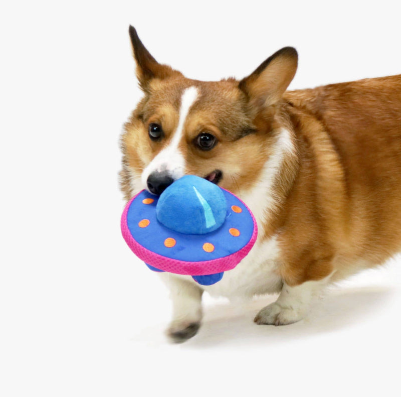 Space Paws Blue Pink UFO Plush Dog Toy