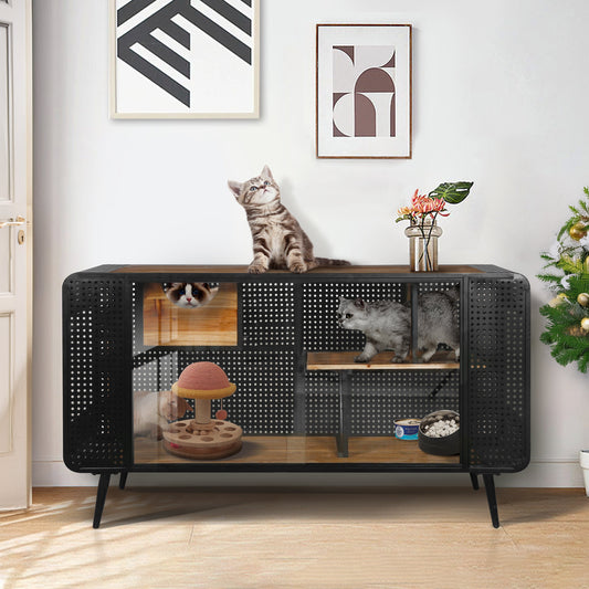 Modern Spacious Cat House with Tempered Glass and Iron Frame
