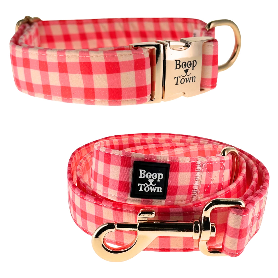 Dog Collar Leash Set Pink Checker Pattern 5.5 Oz 🩷