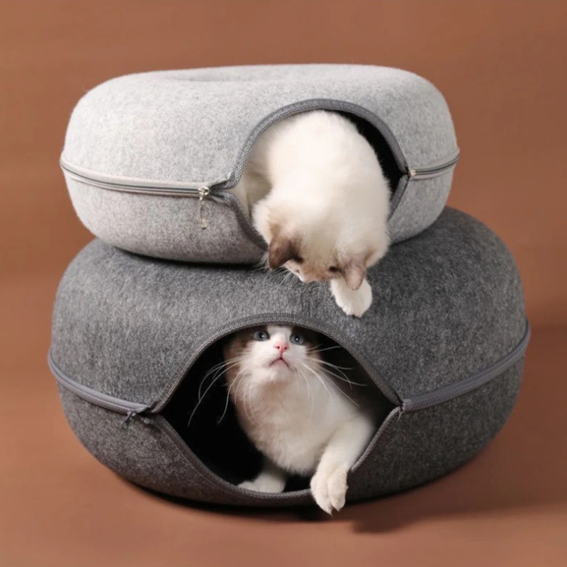 Felt Donut Cat Bed With Breather Hole 2-In-1 Tunnel Hideaway ๐ฉ