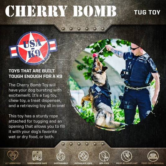 USA-K9 Cherry Bomb Durable Rubber Chew Toy, Treat Dispenser, Reward Toy, Tug Toy, and Retrieving Toy-Purrfect Pet Kingdom