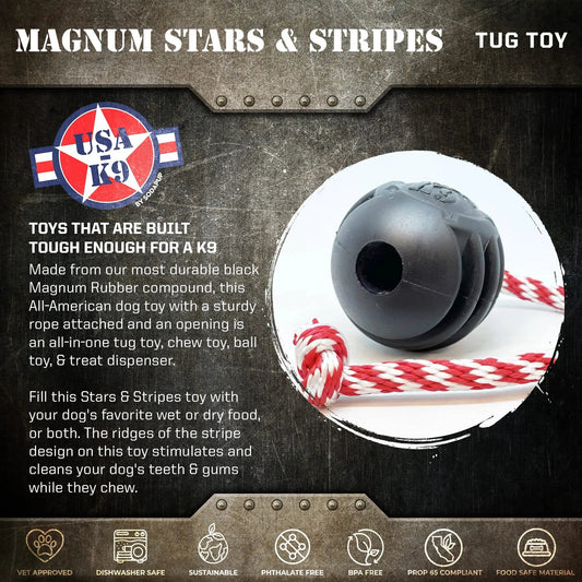 USA-K9 Magnum Black Stars and Stripes Ultra-Durable Rubber Chew Toy, Reward Toy, Tug Toy, and Retrieving Toy - Black-Purrfect Pet Kingdom