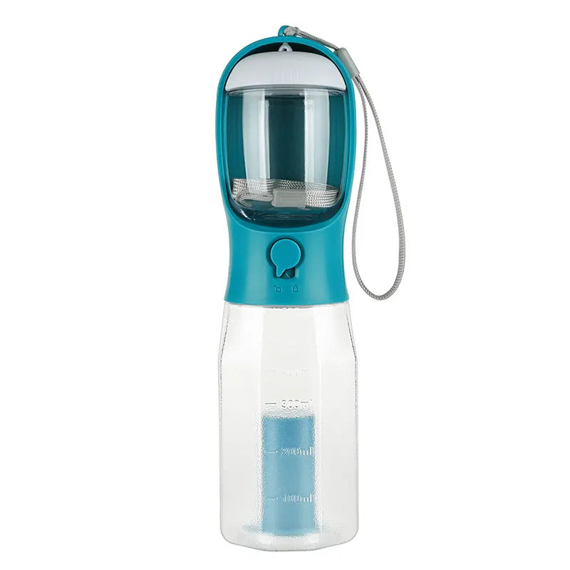3-in-1 Portable Dog Water Bottle Dispenser by Pet Zen in turquoise, 600ML size, with waste bag holder for pet owners.