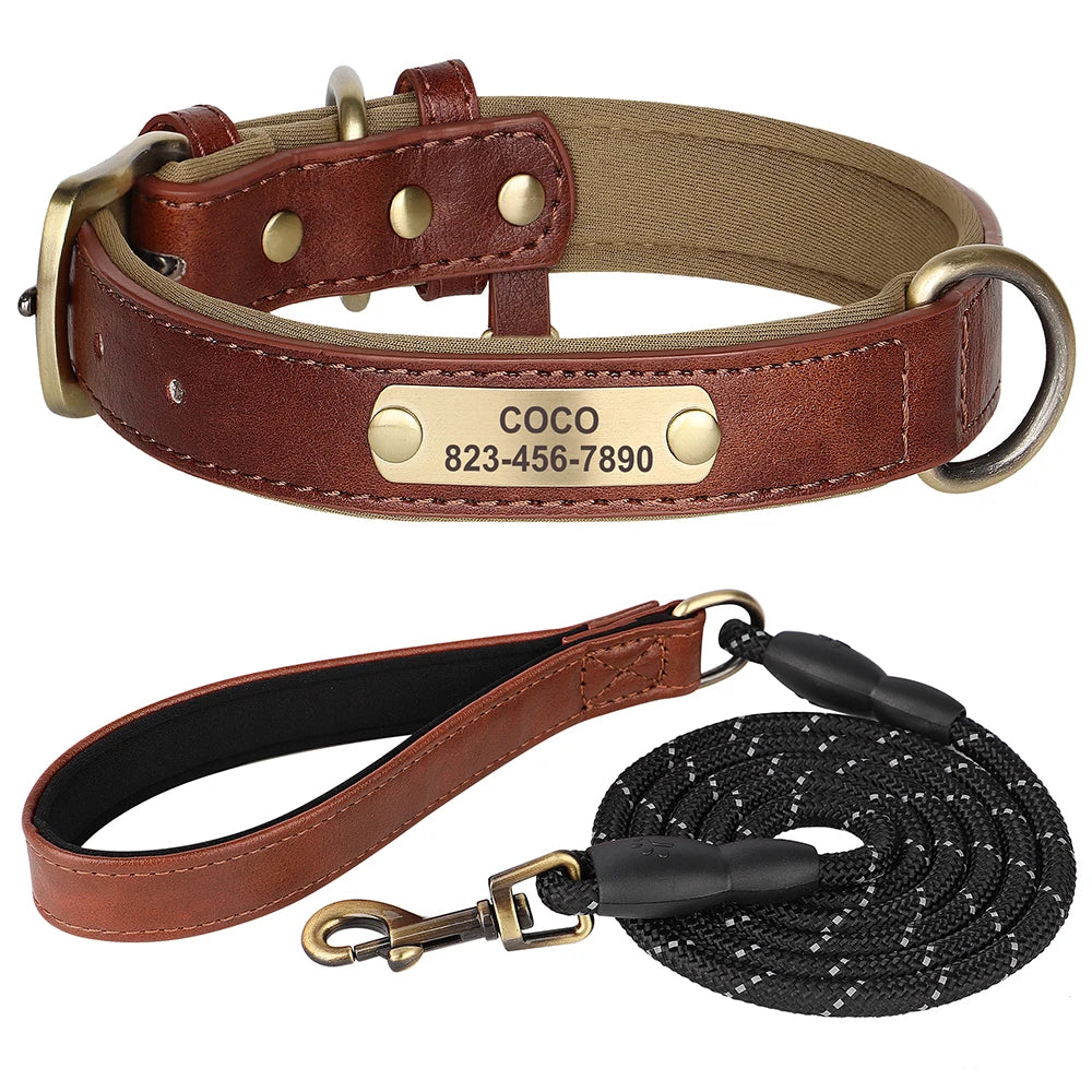Personalized Dog Collar Leash Set Custom PU Leather Dogs Tag Collars Free Engraved Nameplate For Small Medium Large Dogs Pitbull