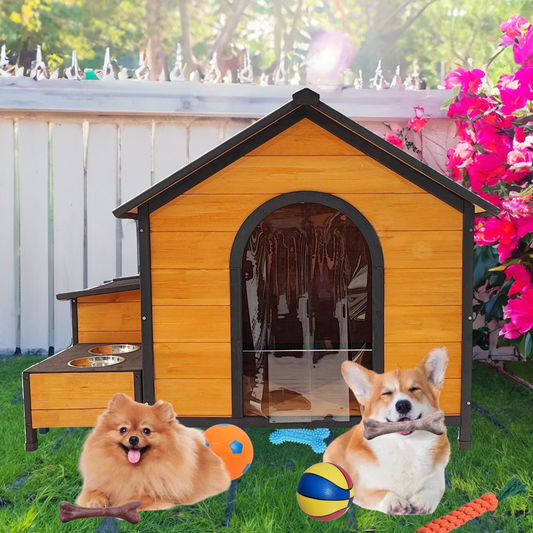 XPT088 Wearable and Strong Wooden Dog House with Metal Bowls