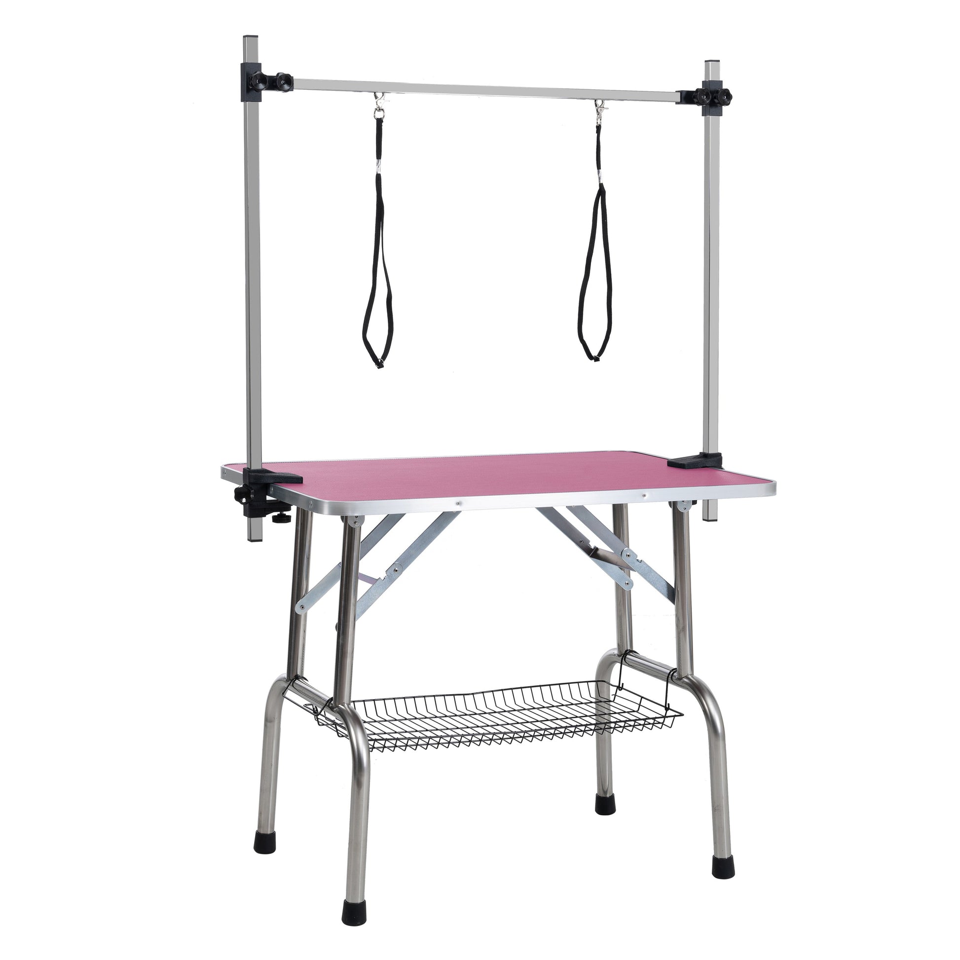 36 inch folding pet grooming table with stainless steel frame and rubber pad, equipped with adjustable armrests and clips (pink) - Purrfect Pet Kingdom