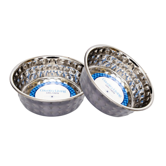 Country Living Set of 2 Hammered Stainless Steel Dog Bowls – Black Pearl - Purrfect Pet Kingdom