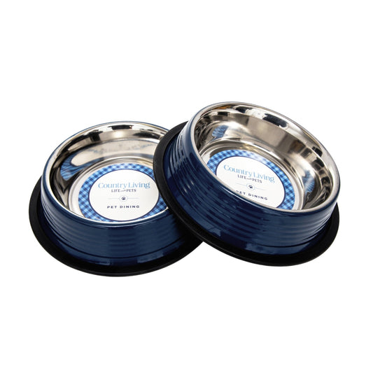 Country Living Set of 2 Ribbed Non-Slip Pet Bowls – Poseidon Blue - Purrfect Pet Kingdom