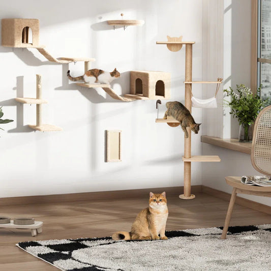 Elevate Your Cat's Playtime with the Darkiel 7-Piece Wall-Mounted Climbing Tower