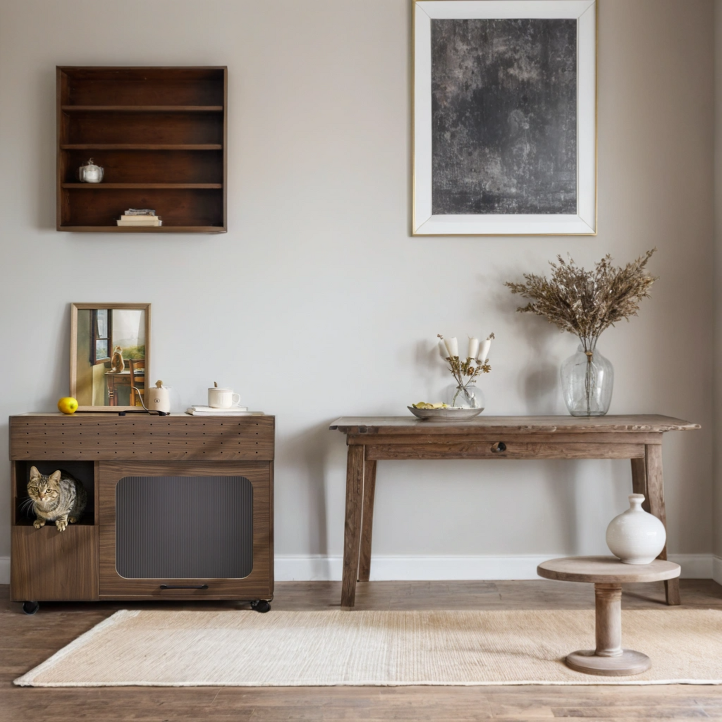 Furniture Style Multi-Use Cat Litter Box House with Storage