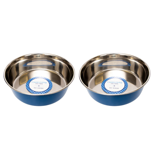 Country Living Set of 2 Heavy Gauge Stainless Steel Dog Bowls - Perfect for Food & Water - Purrfect Pet Kingdom