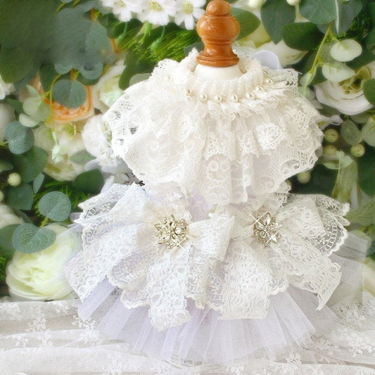 Handcraft White Lace Vintage Dog Wedding Dress Pet Bridal