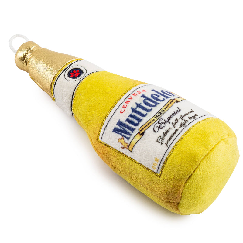 Muttdelo Beer Bottle Yellow Plush Dog Toy
