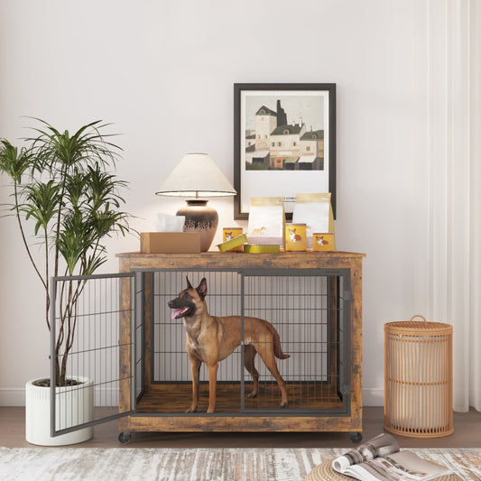 Furniture Style Dog Crate Side Table on Wheels with Double