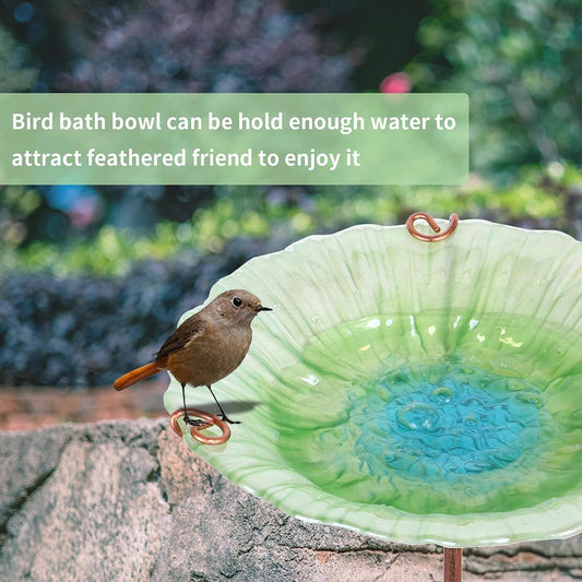 26 Inch Height Glass Birdbath Birdfeeder with Metal Stake Garden Outdoor Green