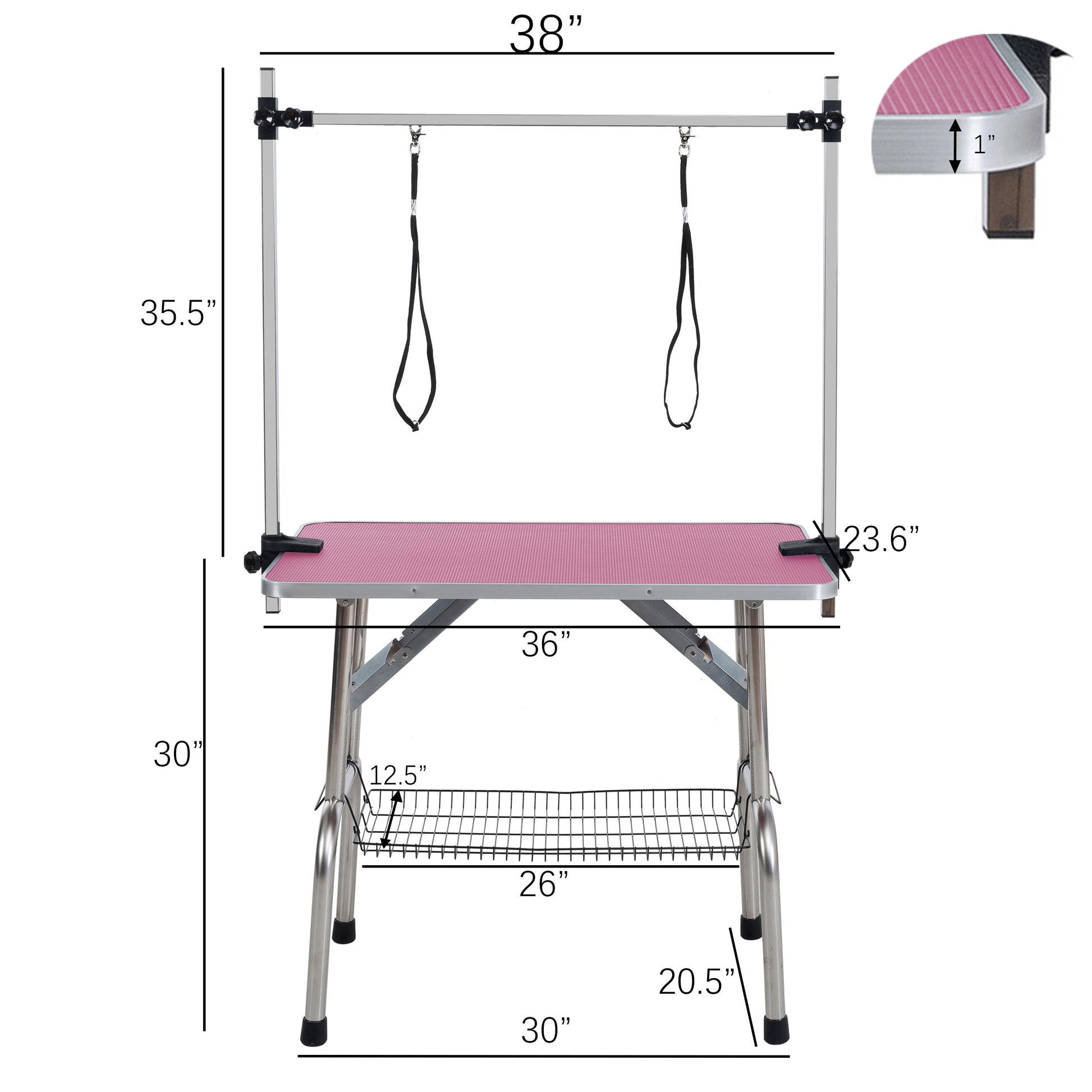 36 inch folding pet grooming table with stainless steel frame and rubber pad, equipped with adjustable armrests and clips (pink) - Purrfect Pet Kingdom